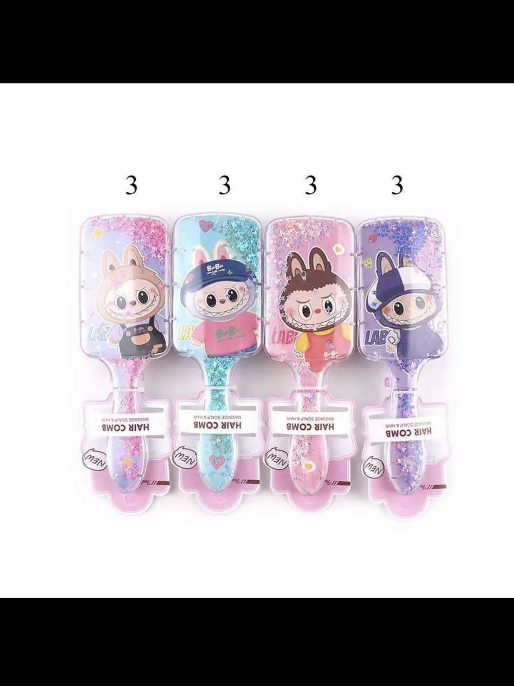 Cute Glitter Character Hair Brush - Pastel Pink, Blue, Purple